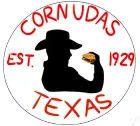 Cornudas Texas logo with black cowboy silhouette holding a burger, red text, and &ldquo;EST. 1929&rdquo;