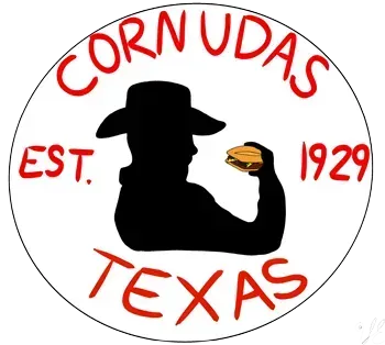 Cornudas Texas logo with black cowboy silhouette holding a burger, red text, and &ldquo;EST. 1929&rdquo;