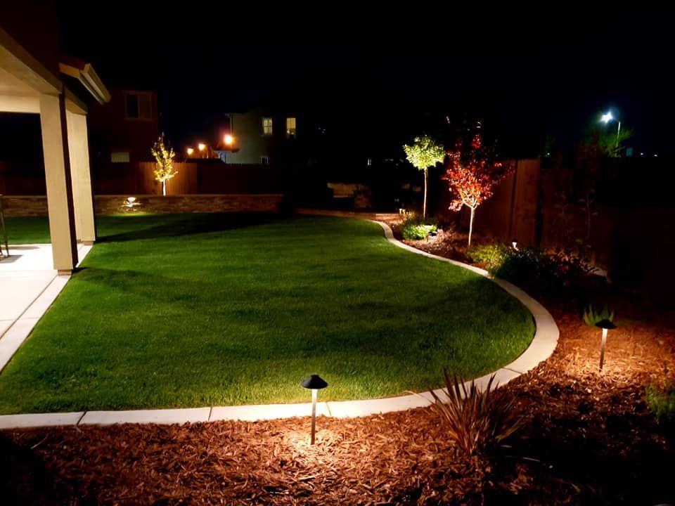 Landscaping at night with natural lawn and bark with concrete mow strip and landscape lighting.