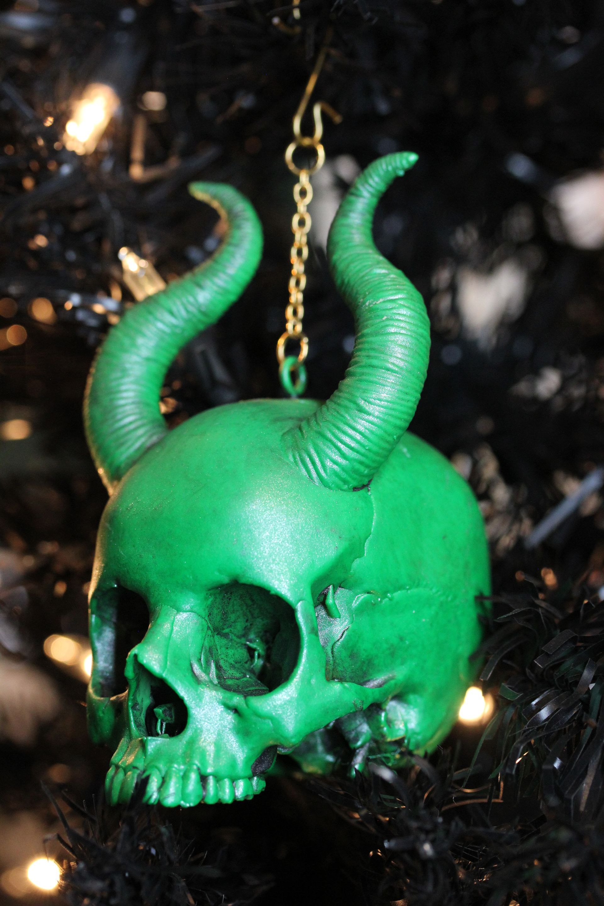 Baby Skull With Horns: Green Antique