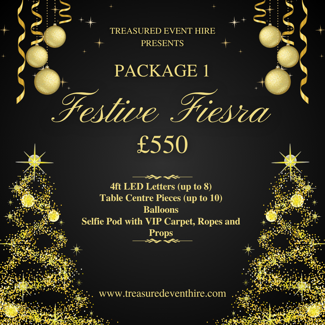 Festive event package advertisement with golden decorations, text 