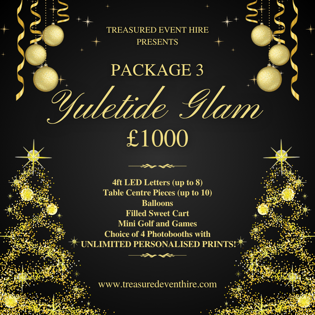 Christmas-themed event package ad with golden decorations on black background, offering a Yuletide Glam package for £1000.