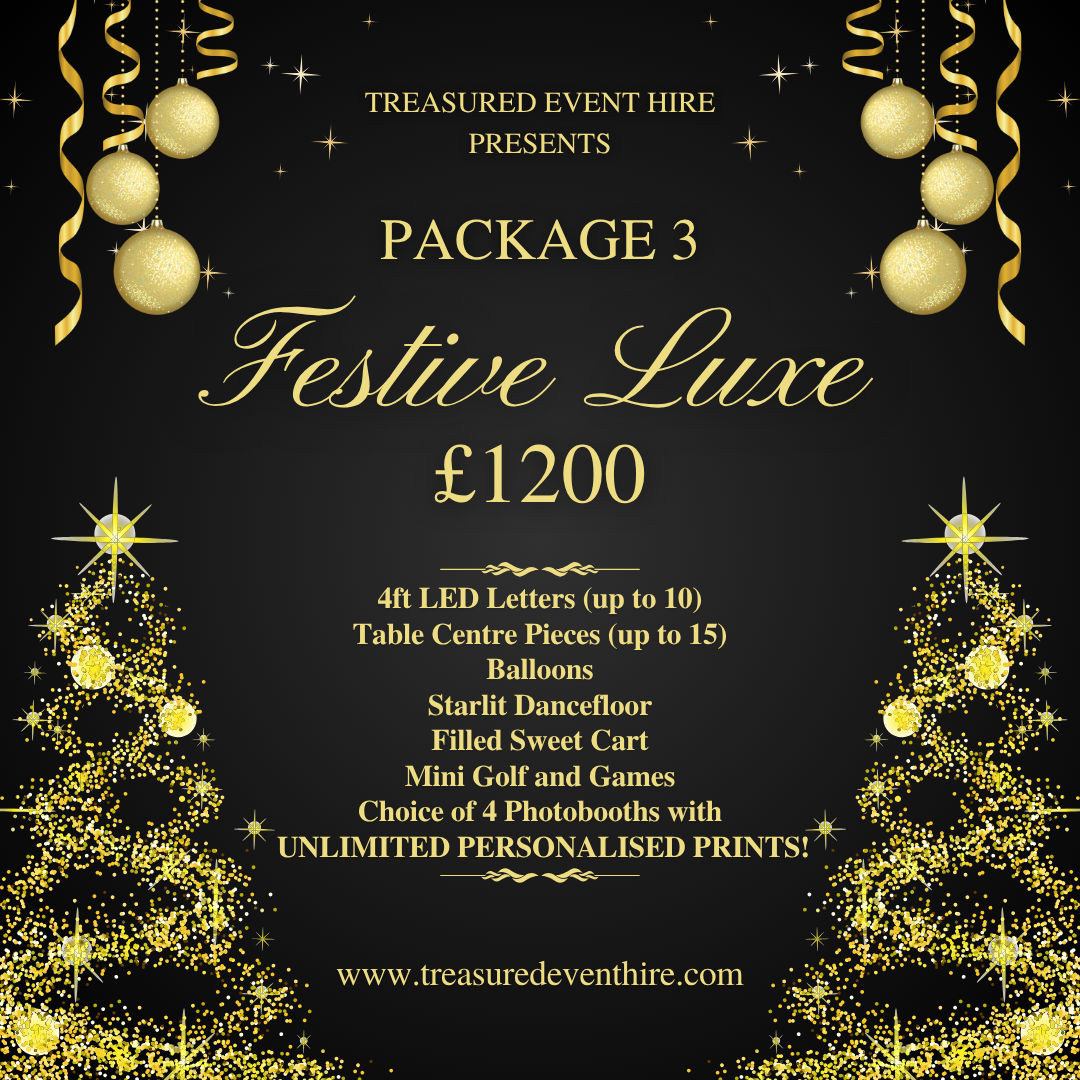 Festive Luxe package with price, and features including LED letters, balloons, dance floor, sweet cart, and photobooth.
