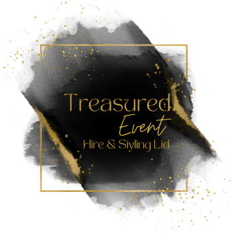 Logo for Treasured Event: black and gold brushstrokes, gold square frame, gold text.