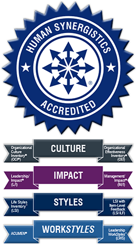 Human Synergistics Accreditation badge with assessments for culture, impact, styles, and workstyles.