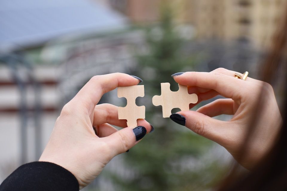 Hands holding two wooden puzzle pieces, almost connecting, with a blurred outdoor background.