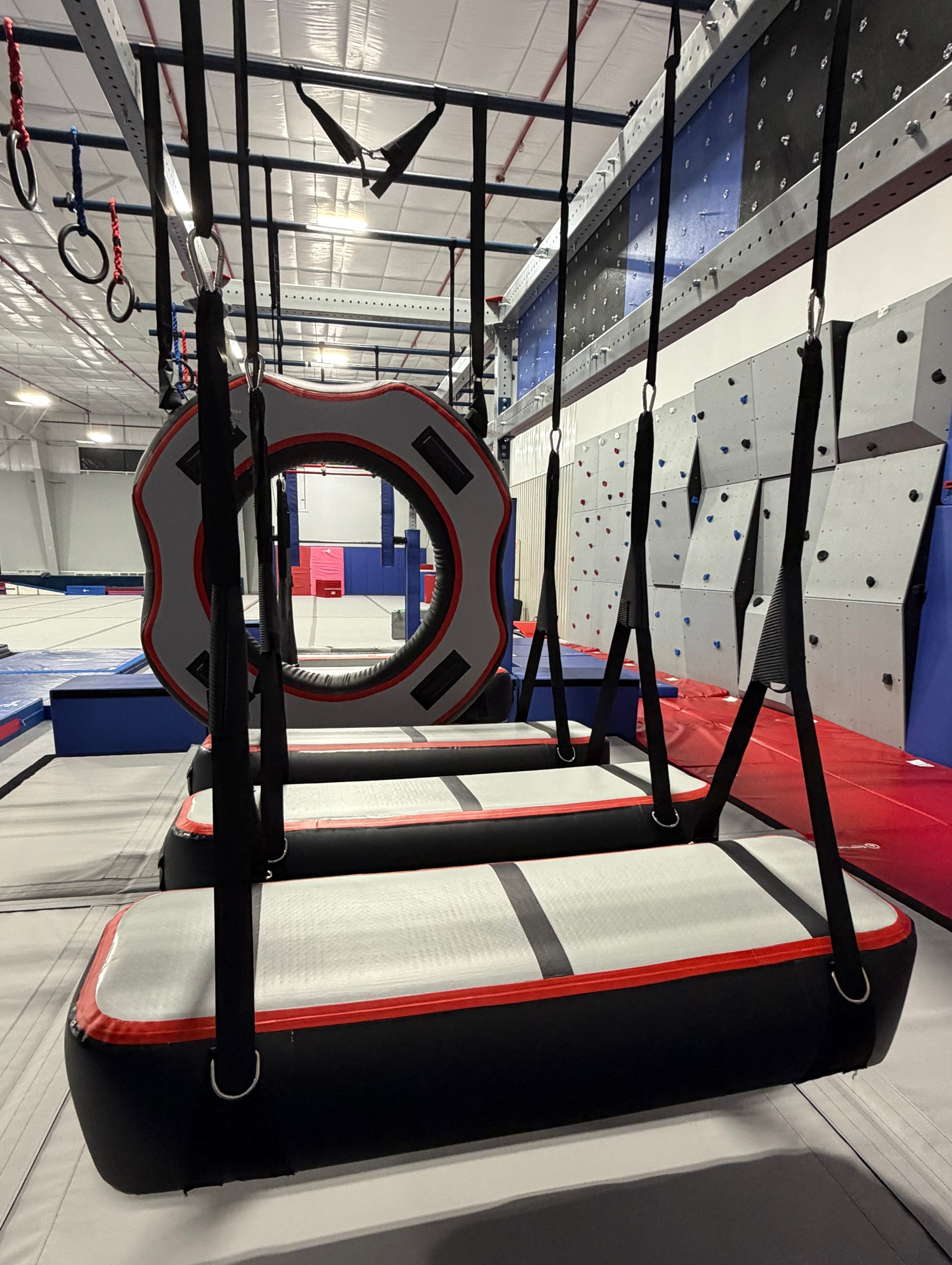 A young boy is playing with gymnastic rings in a gym.