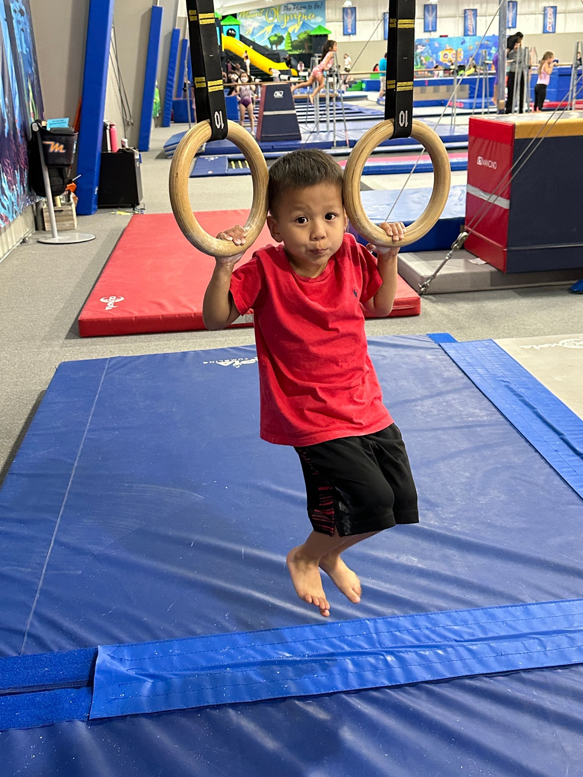 A young boy is playing with gymnastic rings in a gym.