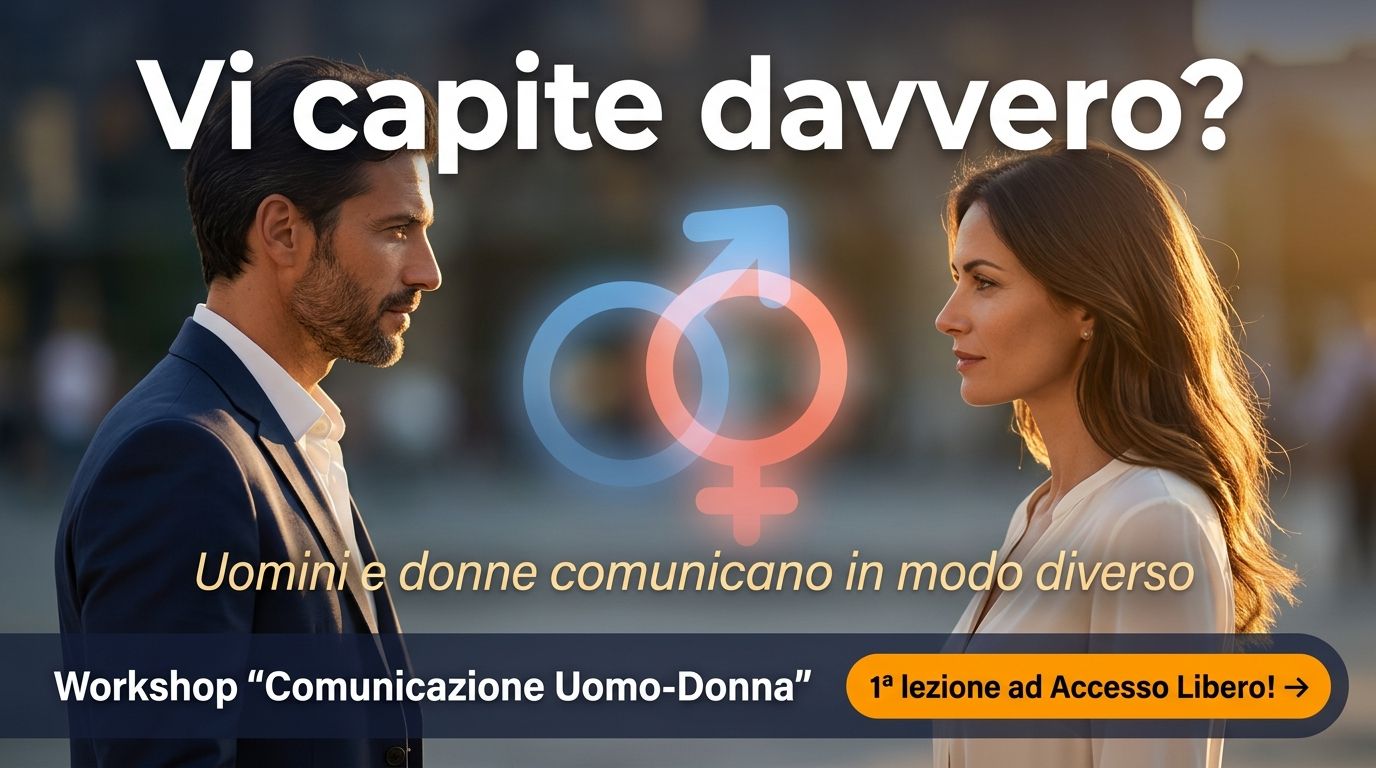 Una pubblicità che ritrae un uomo e una donna uno di fronte all'altra, con un simbolo di genere tra di loro, per promuovere il Workshop 