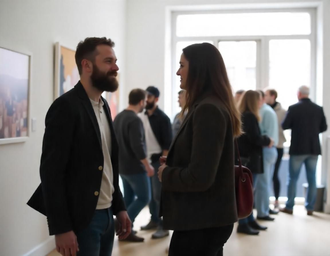 Un gruppo di persone è in piedi in una Galleria d'arte e parlano tra loro