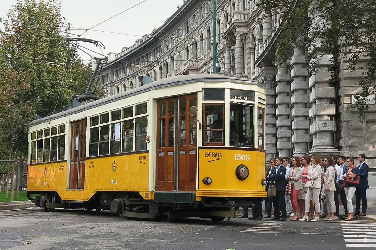 Tram giallo con passeggeri, in piedi accanto a un edificio in una città.