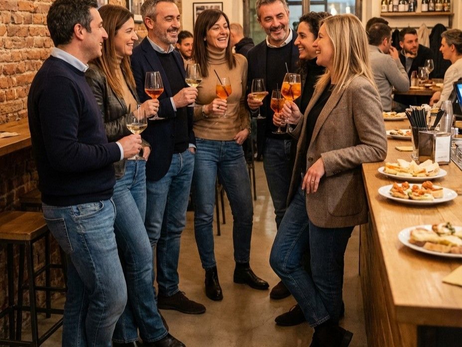 Un gruppo di persone brinda con bicchieri di vino a una festa.
