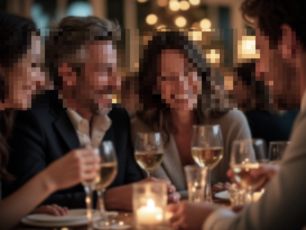 un gruppo di persone a Capodanno attorno a un tavolo con piatti e bicchieri