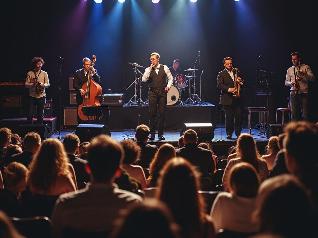 Un gruppo di uomini suona jazz su un palco di fronte a una folla.