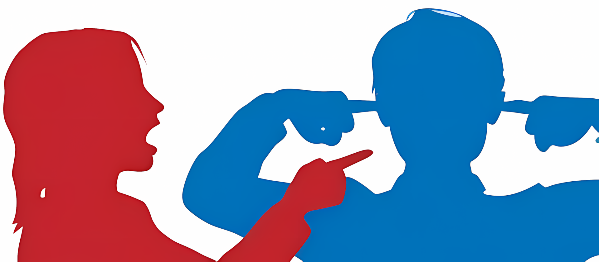 Sagome di una figura rossa che urla a una figura blu che si copre le orecchie e indica.