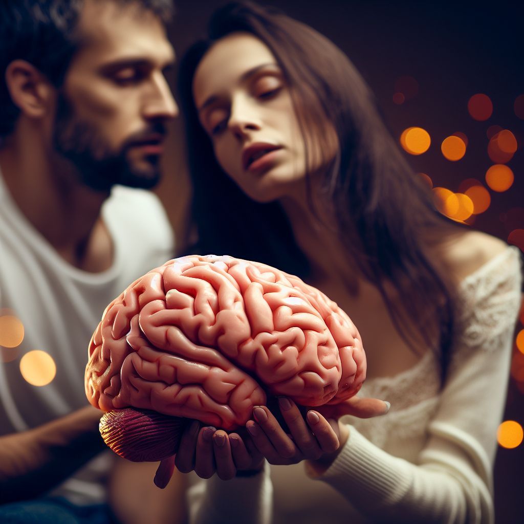 Un uomo con una donna che tiene in mano un cervello