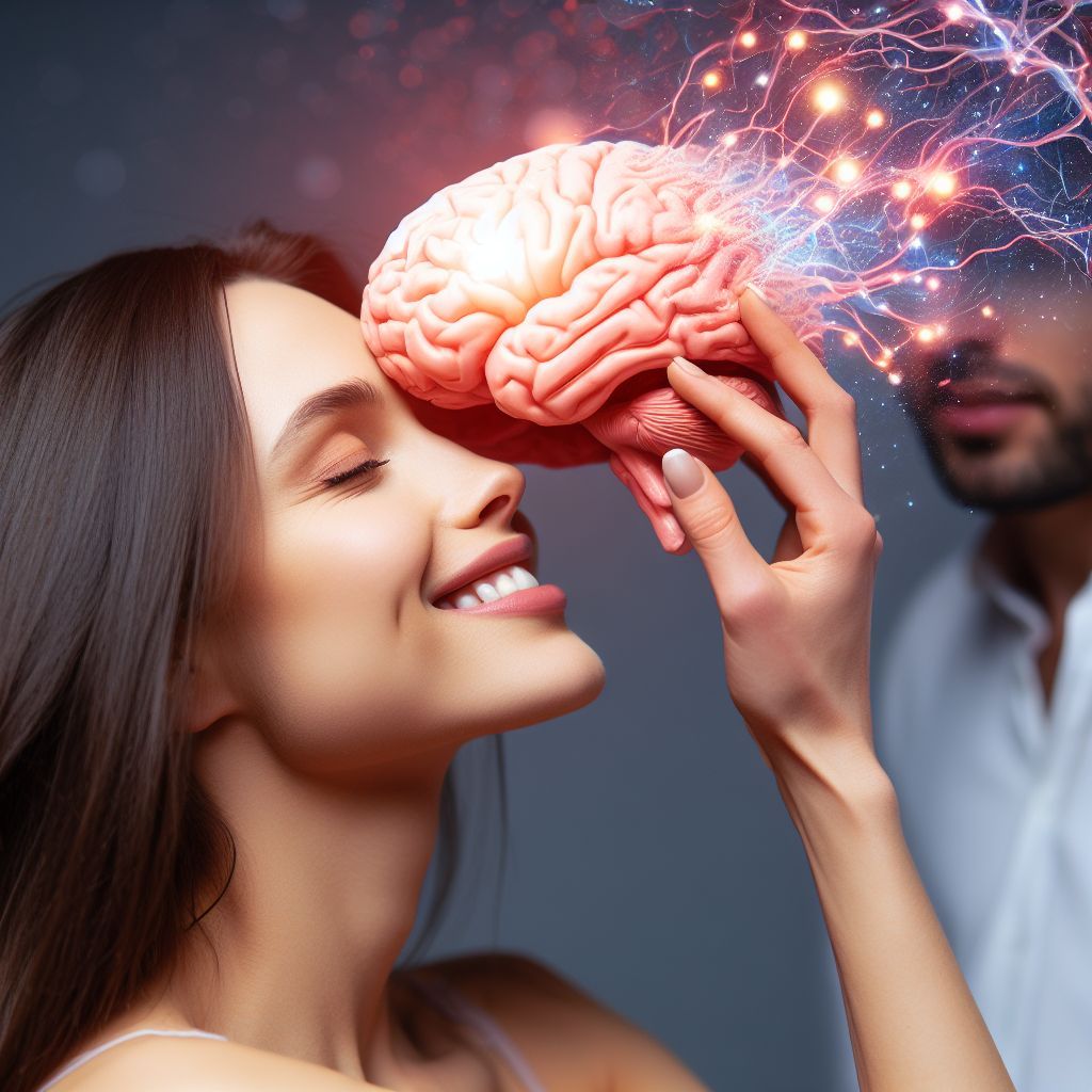 un uomo con una donna che sorride mentre tiene in mano un modello di cervello