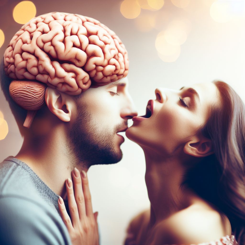 un uomo e una donna si baciano con un cervello sopra la testa