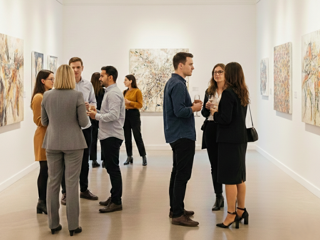 Persone che ammirano l'arte in una galleria. Pareti bianche, dipinti e qualcuno che parla.