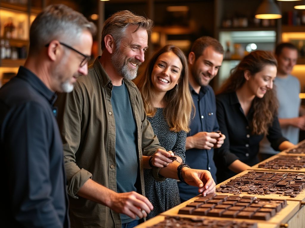 Un gruppo di persone è in piedi attorno a un tavolo e guarda i cioccolatini.