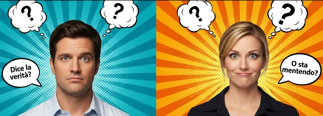 Un uomo e una donna stanno pensando. Punti interrogativi compaiono nei fumetti. Uomo: