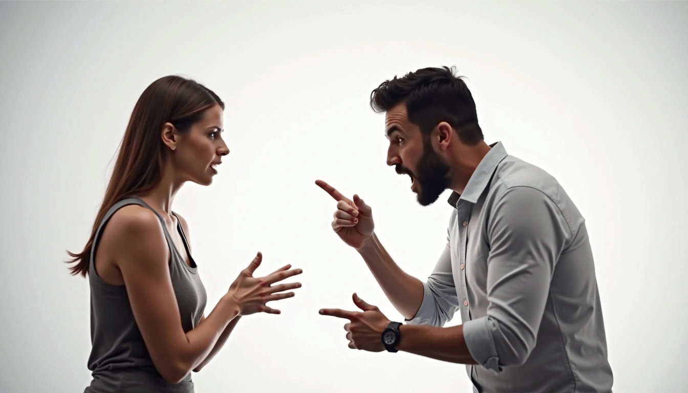 Un uomo e una donna stanno litigando e si indicano a vicenda.