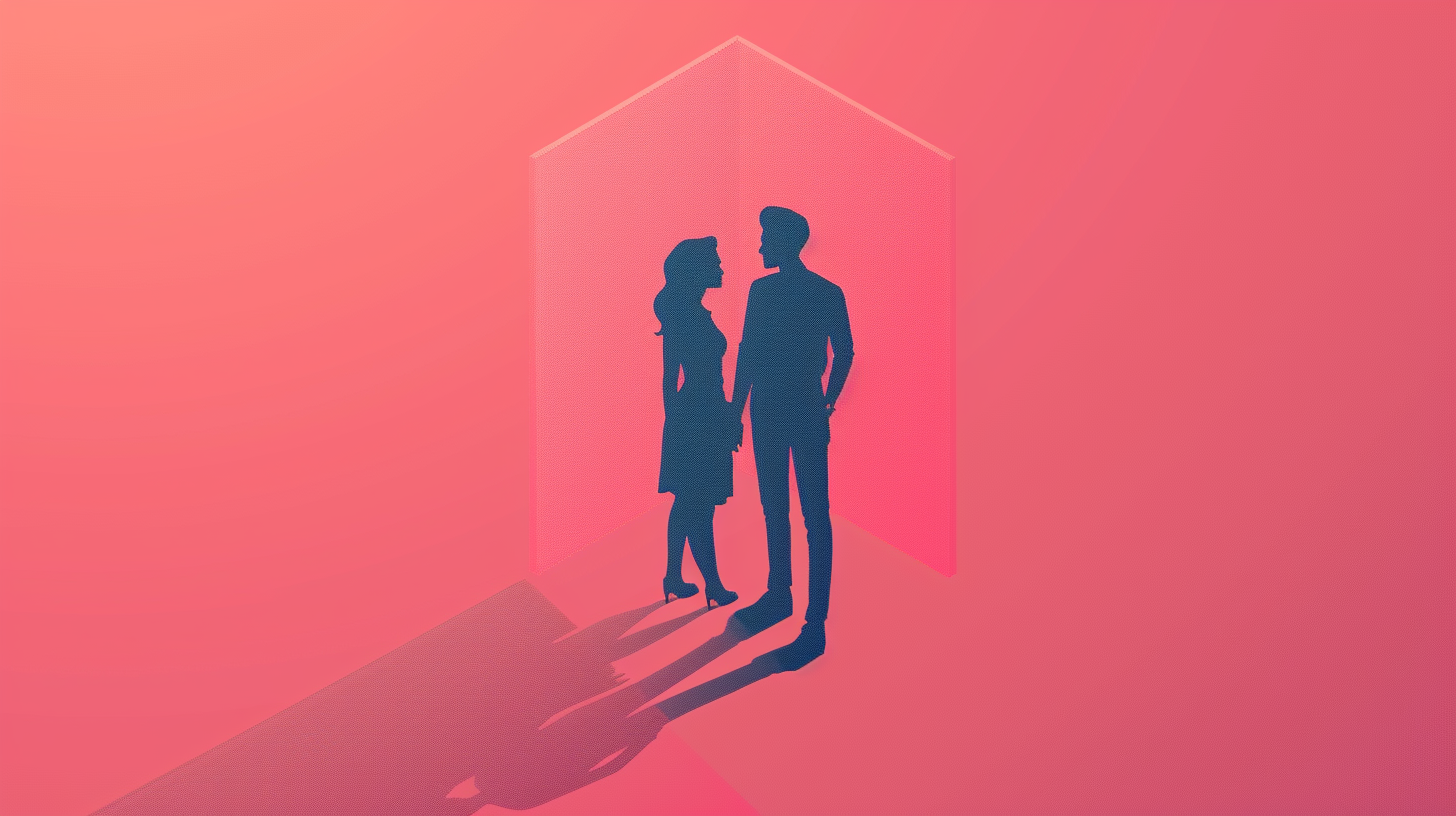 Un uomo e una donna sono in piedi uno accanto all'altro, su uno sfondo rosso