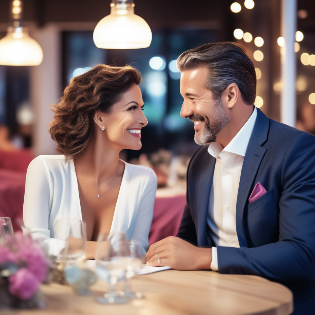 Una coppia si sorride durante uno speed date. Abito bianco, completo blu, ambientazione da locale elegante.