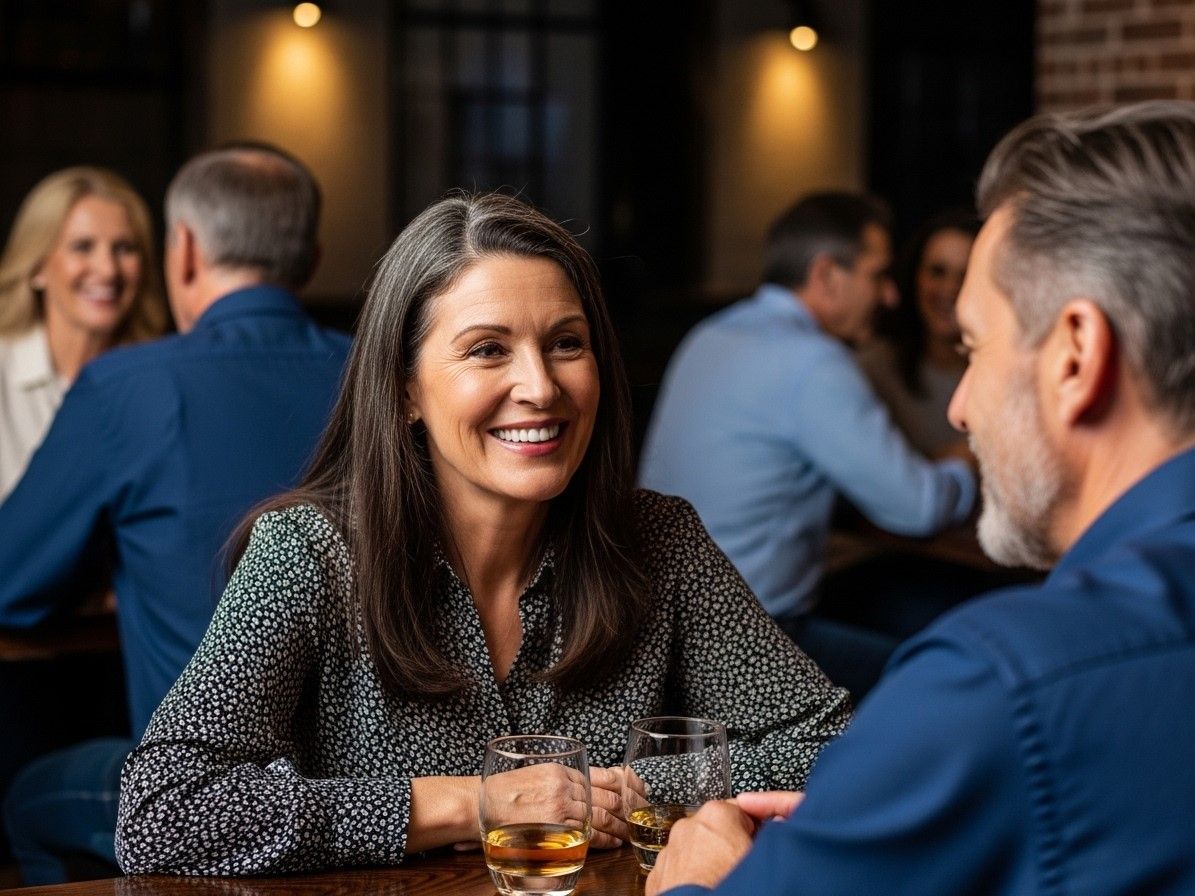 Una coppia di cinquantenni si sorride durante uno speed date. Abito grigio, camicia blu, ambientazione da locale elegante.