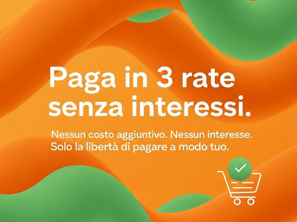 Pagamento in 3 rate senza interessi, con sfondo arancione e verde e icona carrello con spunta verde