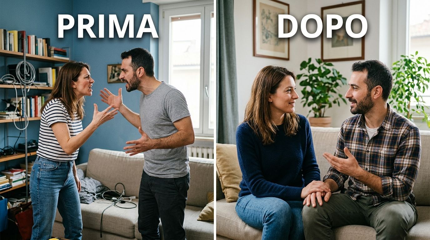 Scena in salotto, affiancata: prima, una coppia litiga stando a distanza; dopo, siedono insieme e parlano tranquillamente.