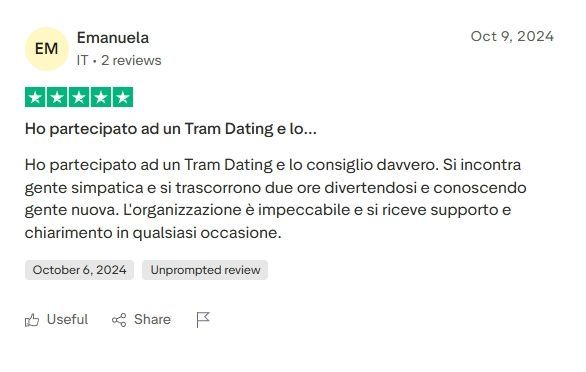 Recensione di Emanuela sul Tram Dating Vitadasingle, con cinque stelle. L'evento è elogiato per la cordialità delle persone, il divertimento, l'organizzazione impeccabile e il supporto.
