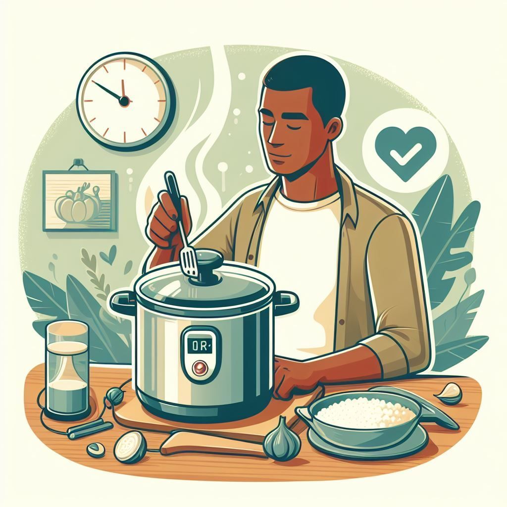 un uomo sta cucinando il riso in una pentola a pressione