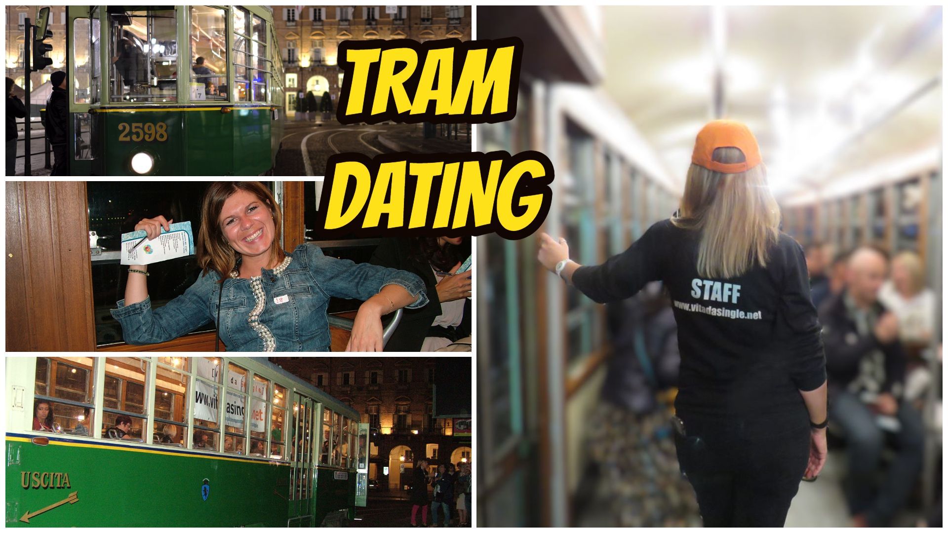 Collage di scene di speed date in tram con tram verdi e un membro dello staff Vitadasingle all'interno di un tram di notte
