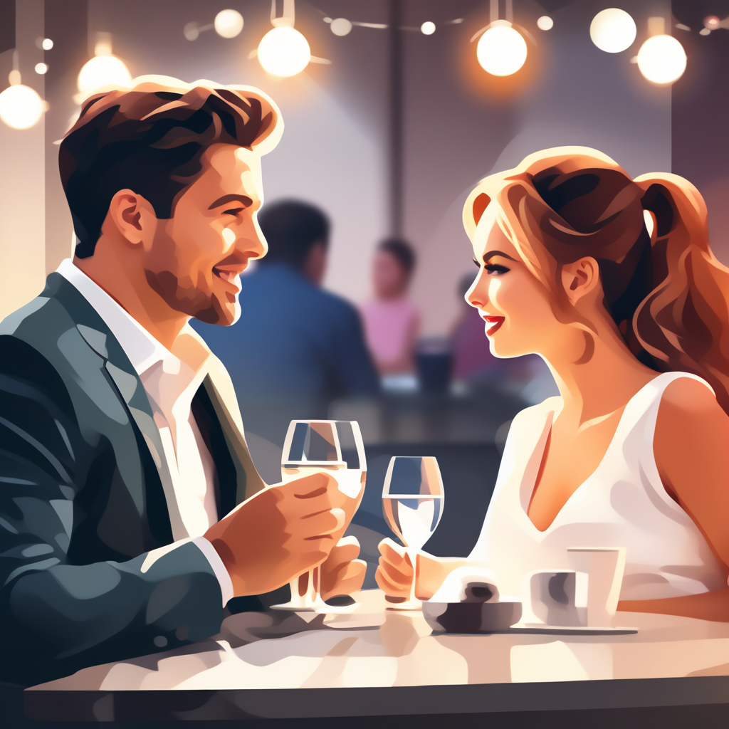 un uomo e una donna sono seduti a un tavolo durante lo speed dating