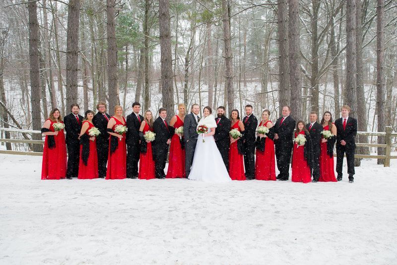 The bride and groom are posing for a picture with their wedding party in the snow.