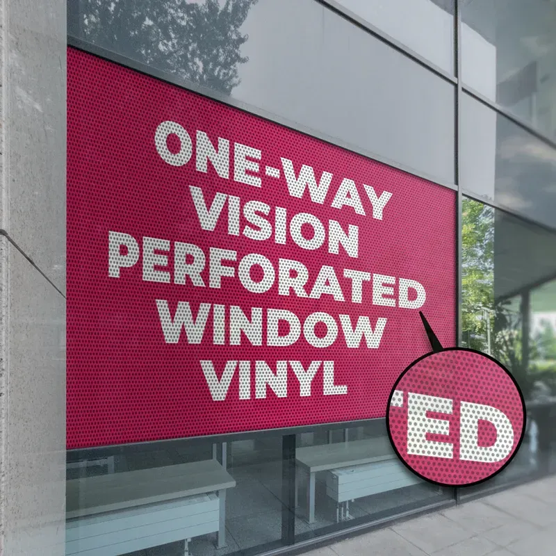 Red one-way window perforation graphic on storefront glass