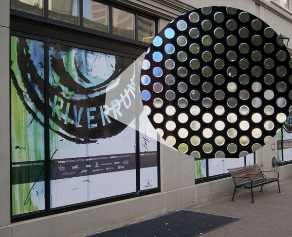 River Run window perforation graphic in black, green, and blue