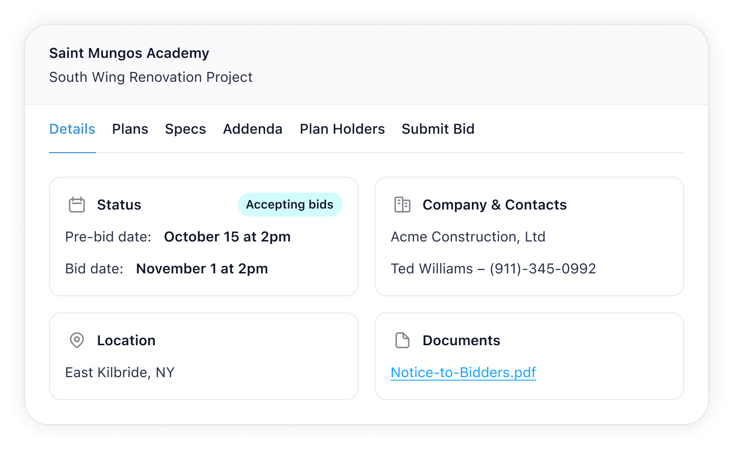 Online planroom project with construction documents and details