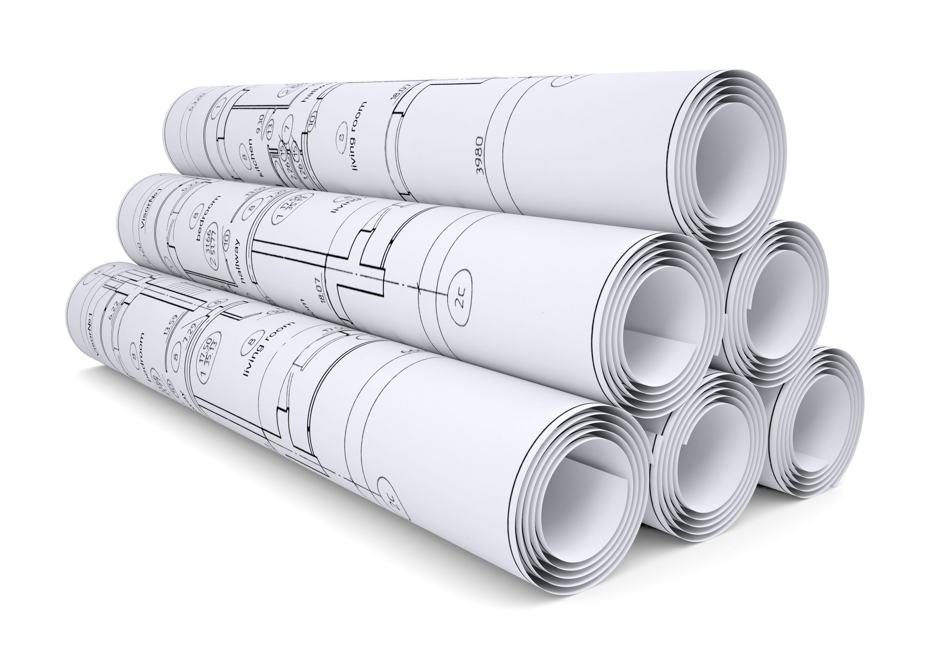 Stack of architectural blueprints and construction drawings
