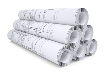 Stack of architectural blueprints and construction drawings