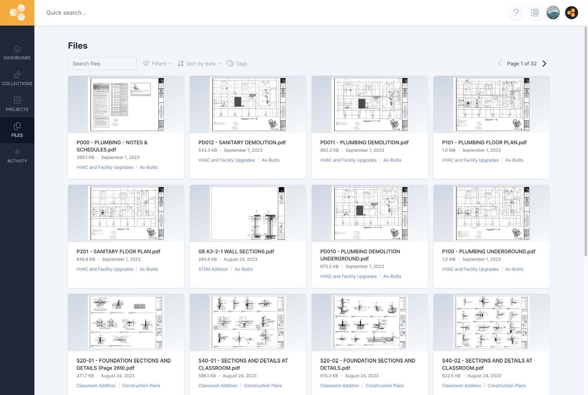 Hivebase online planroom portal dashboard showing construction project files