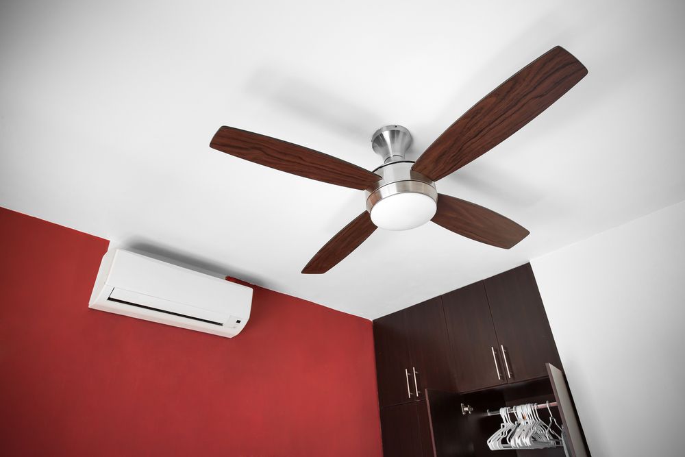 Ceiling Fan With Wooden Blades; a Wall-mounted Ac Unit — Carl Voss-Electrician In Maryborough, QLD