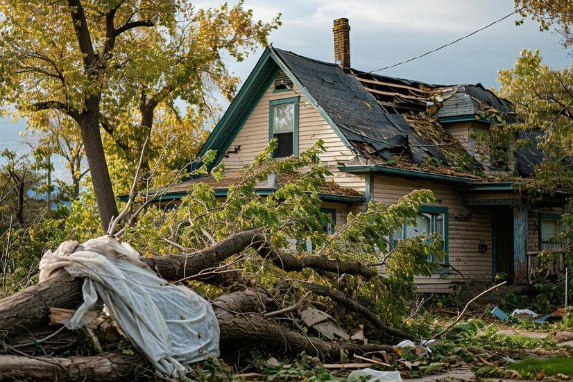 A house with a fallen tree in front of it.