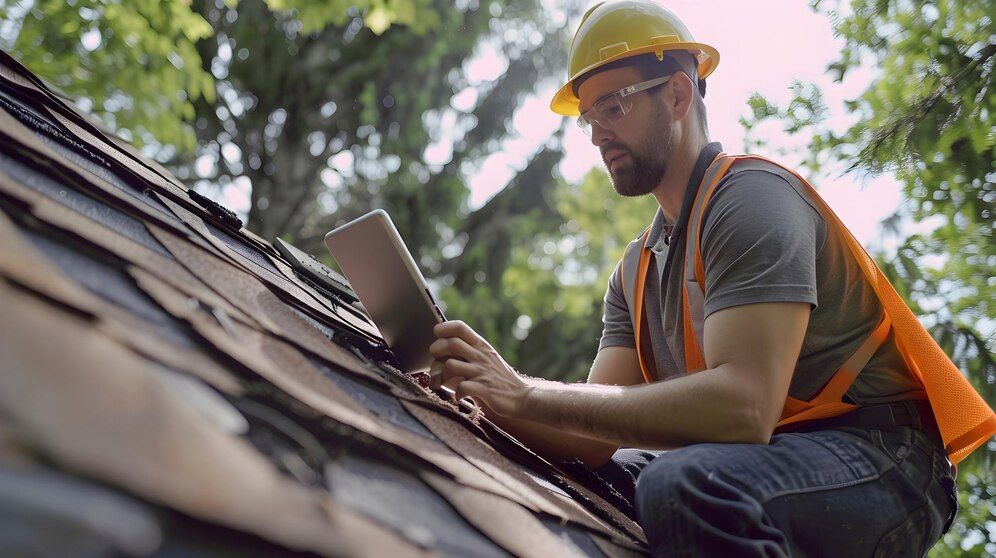 A man is kneeling on a roof using a laptop computer.