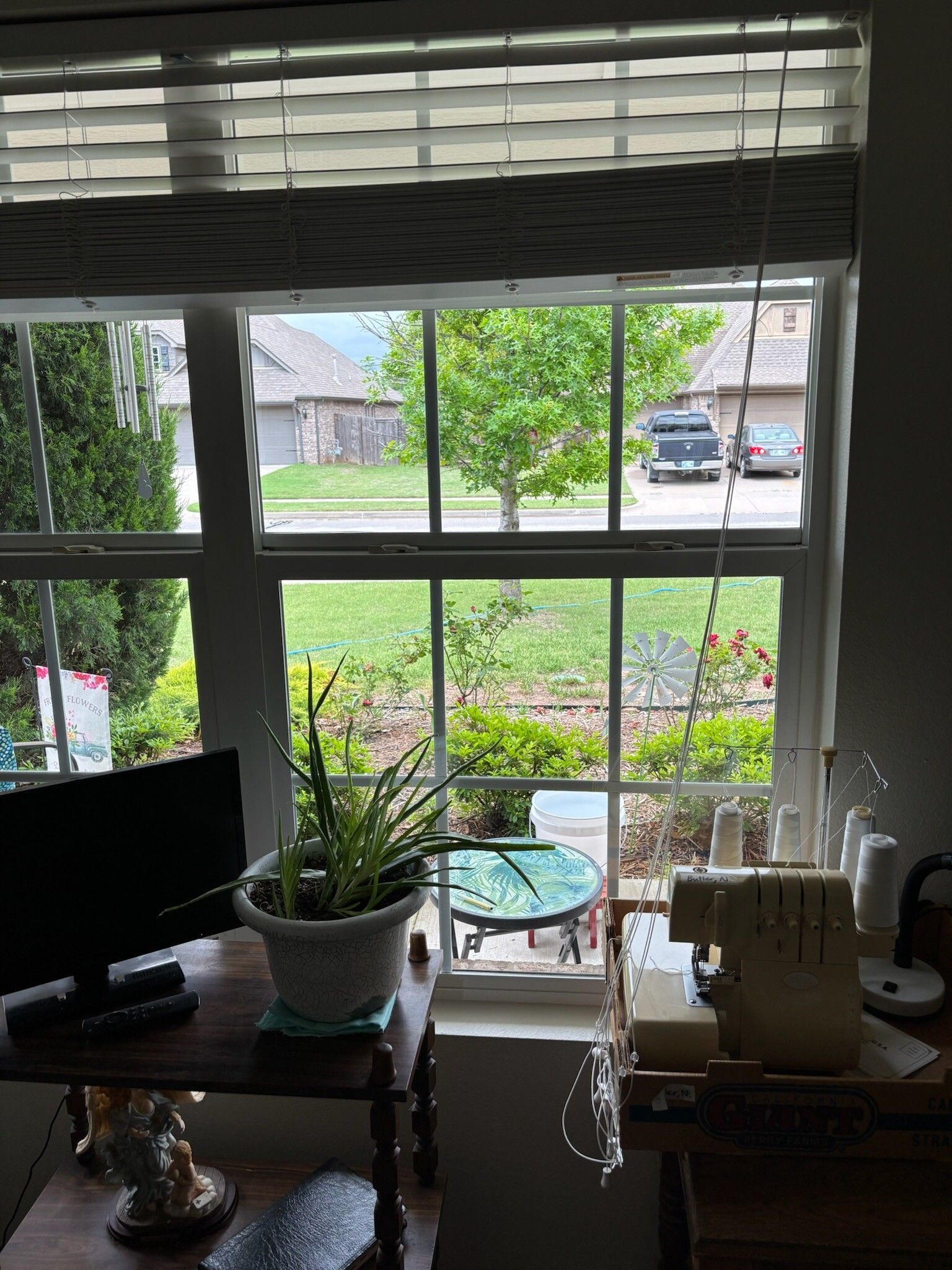 Window view: Green trees and lawn outside. Desk with plant, monitor, and sewing machine inside.
