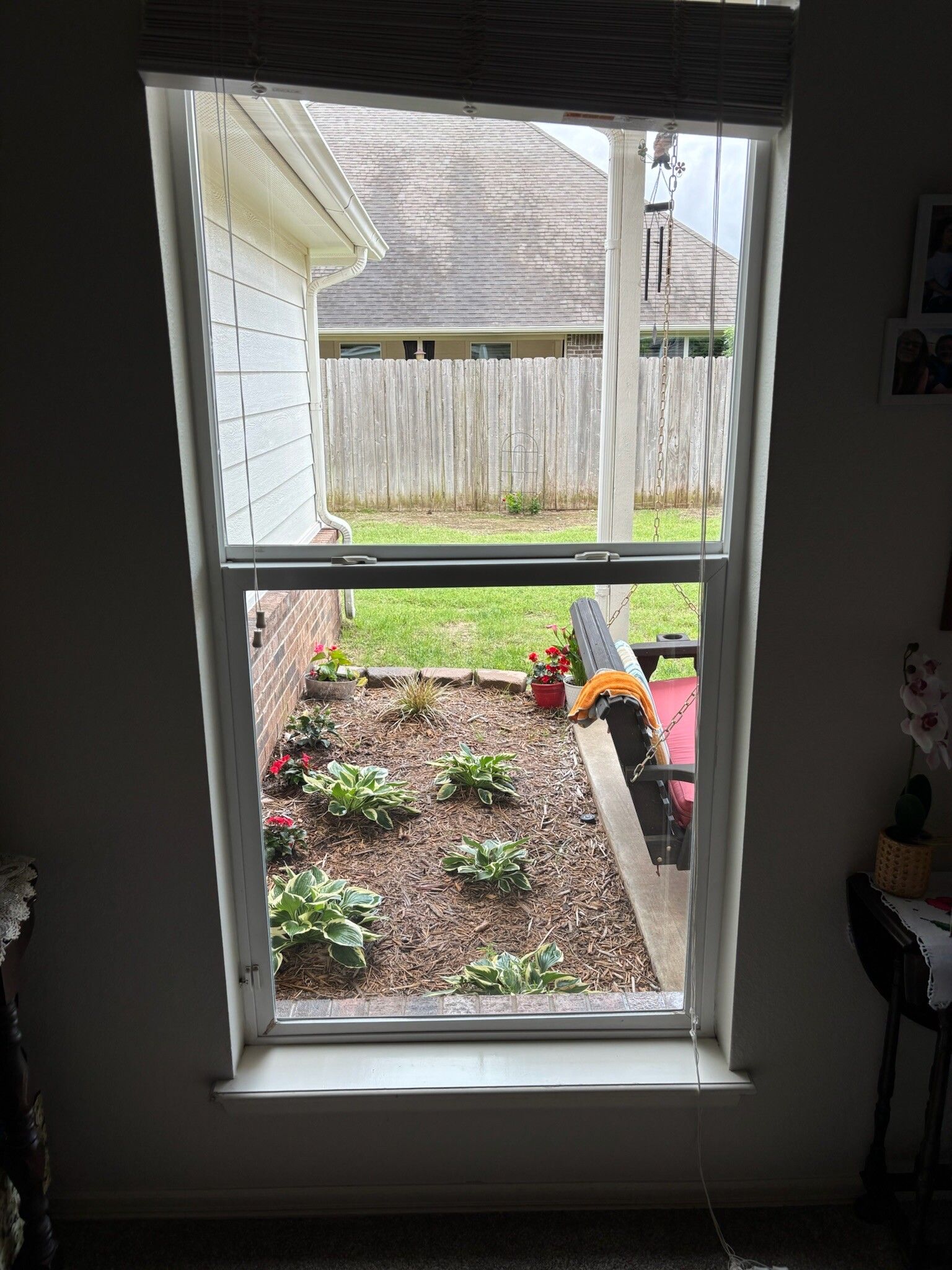 Window overlooking a garden bed, with plants and a wooden fence.