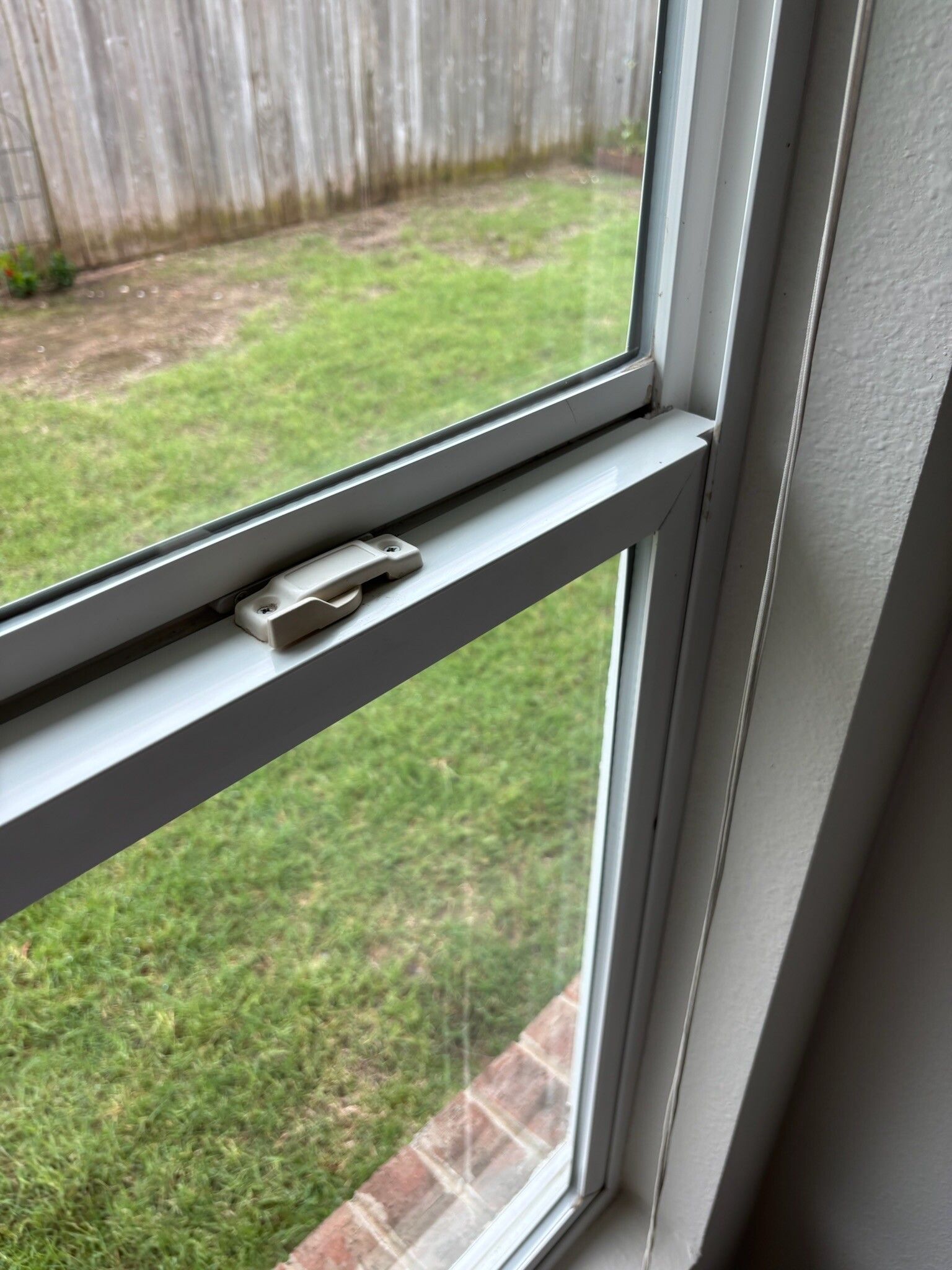 White window with a closed silver latch, overlooking a backyard with green grass and a wooden fence.