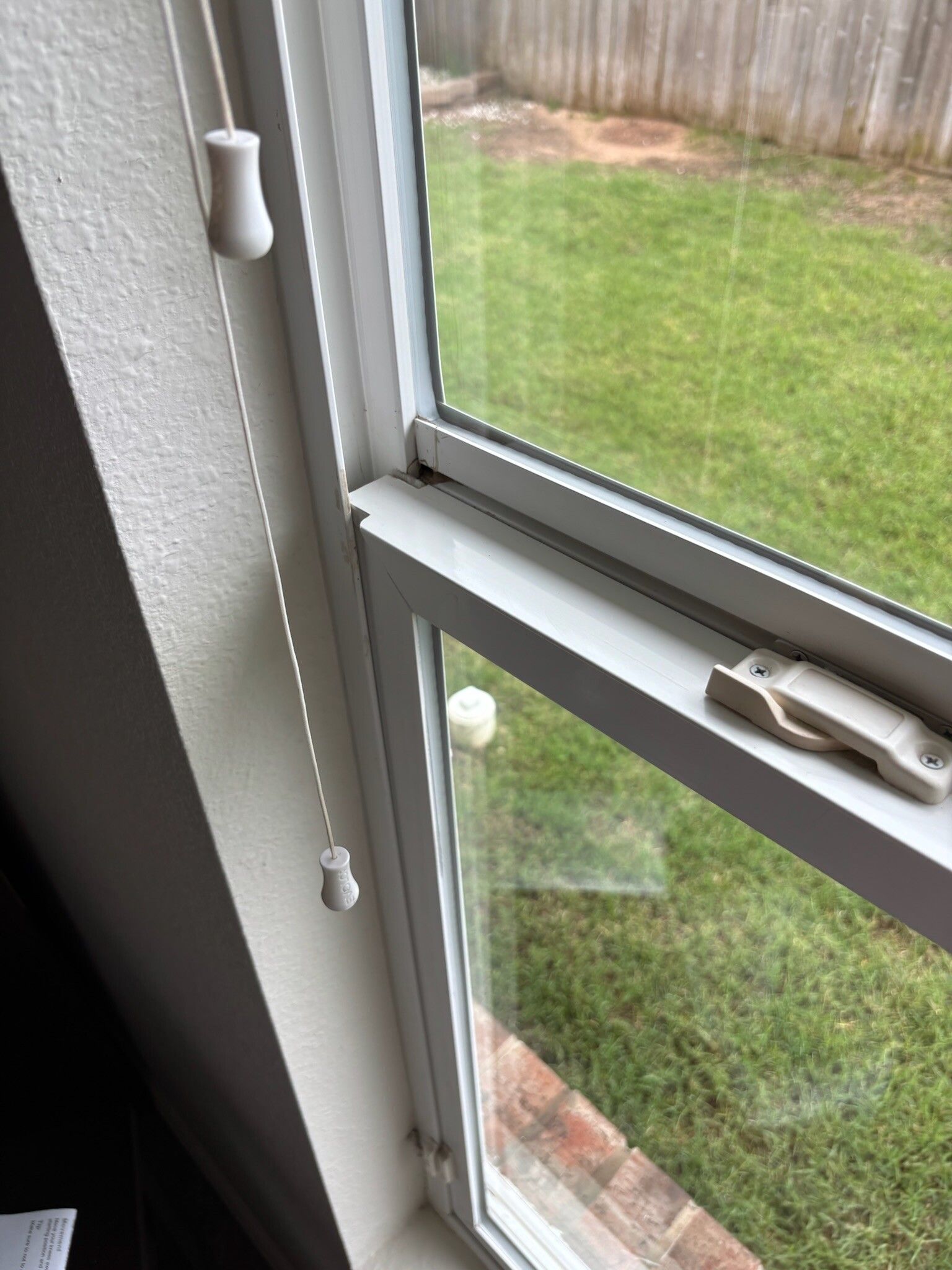 White window with a pull cord and a latch, overlooking a green lawn and a wooden fence.