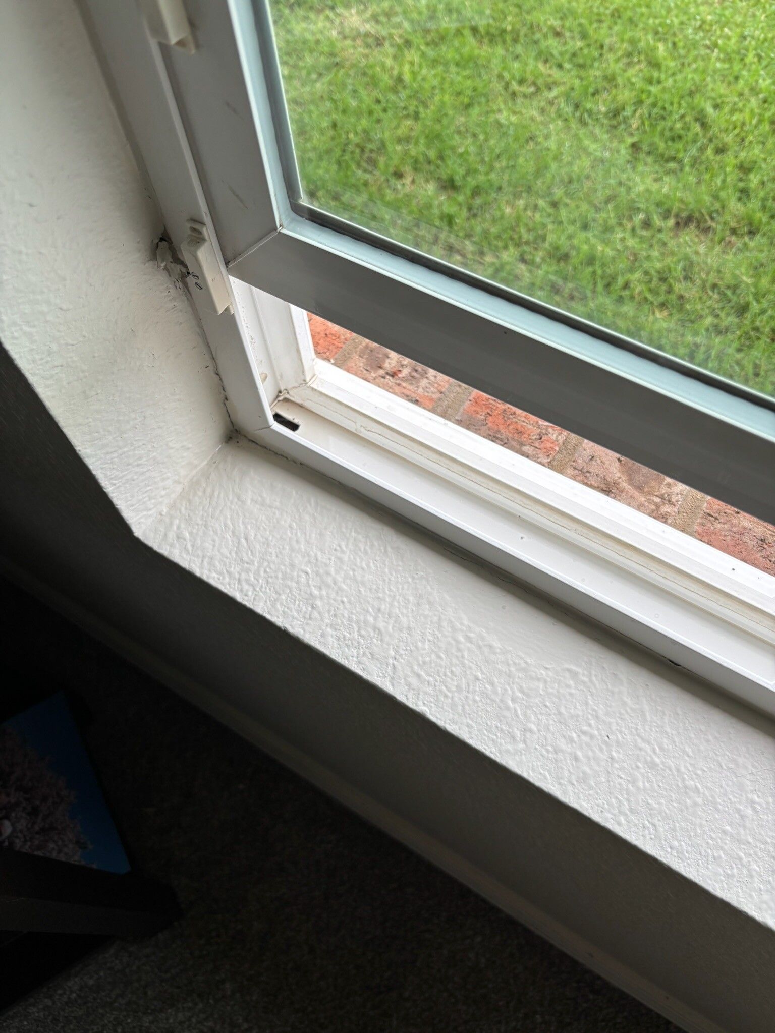Window with a white frame, sill, and brick exterior. Green lawn outside.